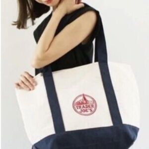 Trader Joe's large reusable cotton canvas tote Blue straps *NWT*